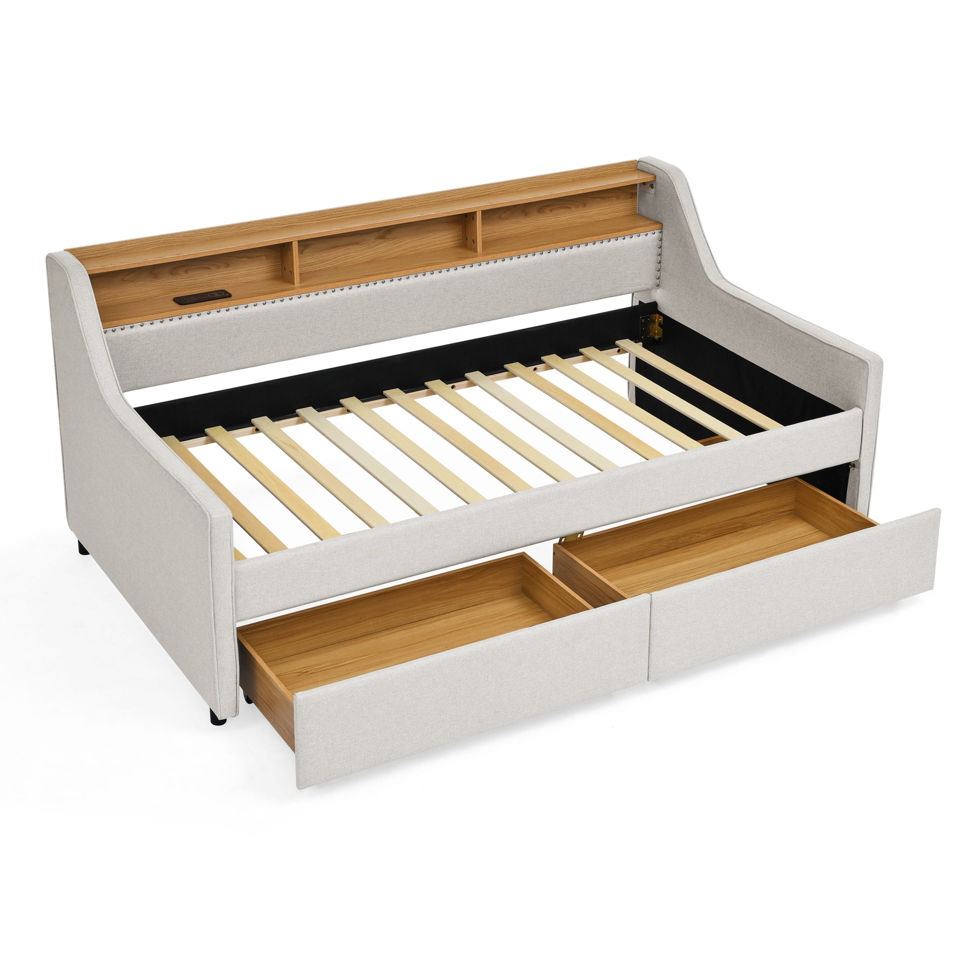 Twin Size Upholstery Sofa Bed with Three LED lights, with Storage Adjustable Headboard, with Two Storage Pull Up drawers and Wireless Charging, Linen Padded Sofa Bed frame, Beige image 9