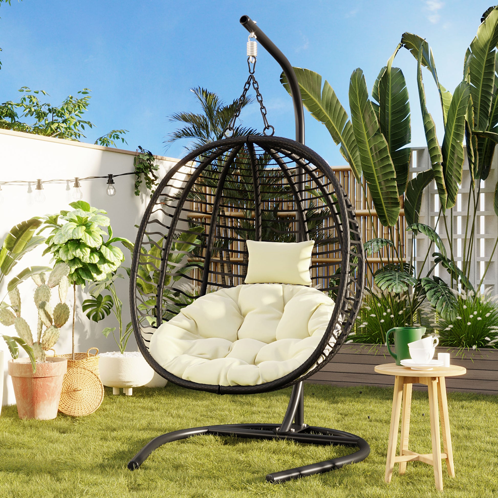 U_Style Single Person Folding Egg Chair with Stand, Hanging Egg Chair Indoor Outdoor, Wicker Hammock Swing Chair with Adjustable Anti-Slip Feet,Suitable for Balcony, Bedroom,Garden image 1