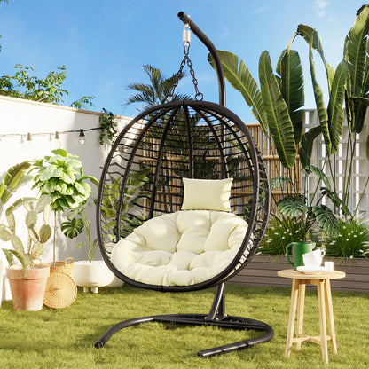 U_Style Single Person Folding Egg Chair with Stand, Hanging Egg Chair Indoor Outdoor, Wicker Hammock Swing Chair with Adjustable Anti-Slip Feet,Suitable for Balcony, Bedroom,Garden image 1