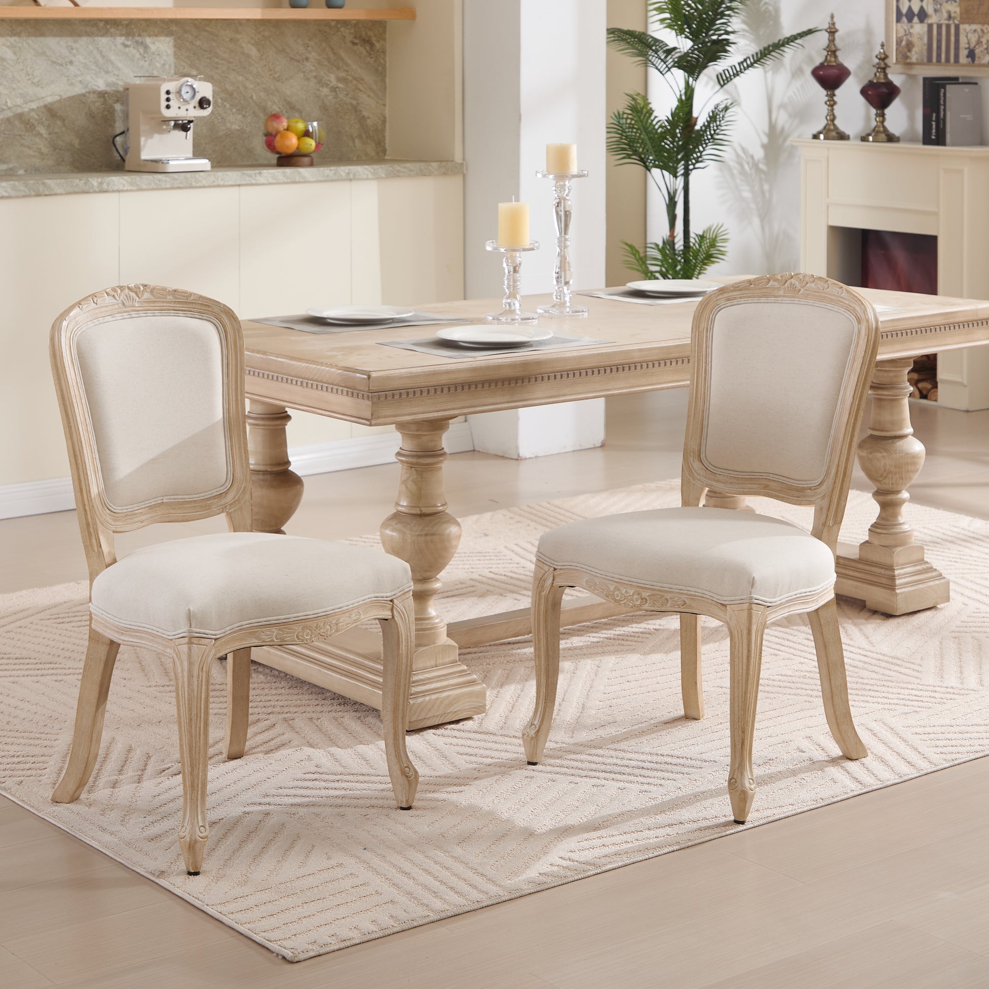 French Country Dining Chairs Set of 2, Upholstered Chairs with Fan-shaped Back, Wire drawing and carving techniques,Disassemblable, for Living Room, Kitchen, Restaurant Use, Beige image 1