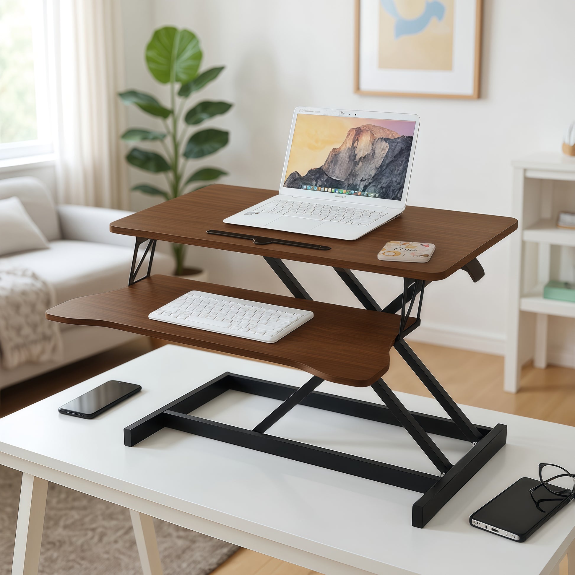 32 Inch Desk Converter, Height Adjustable Sit to Stand Riser, Dual Monitor and Laptop Workstation with Wide Keyboard Tray, Walnut Color image 1