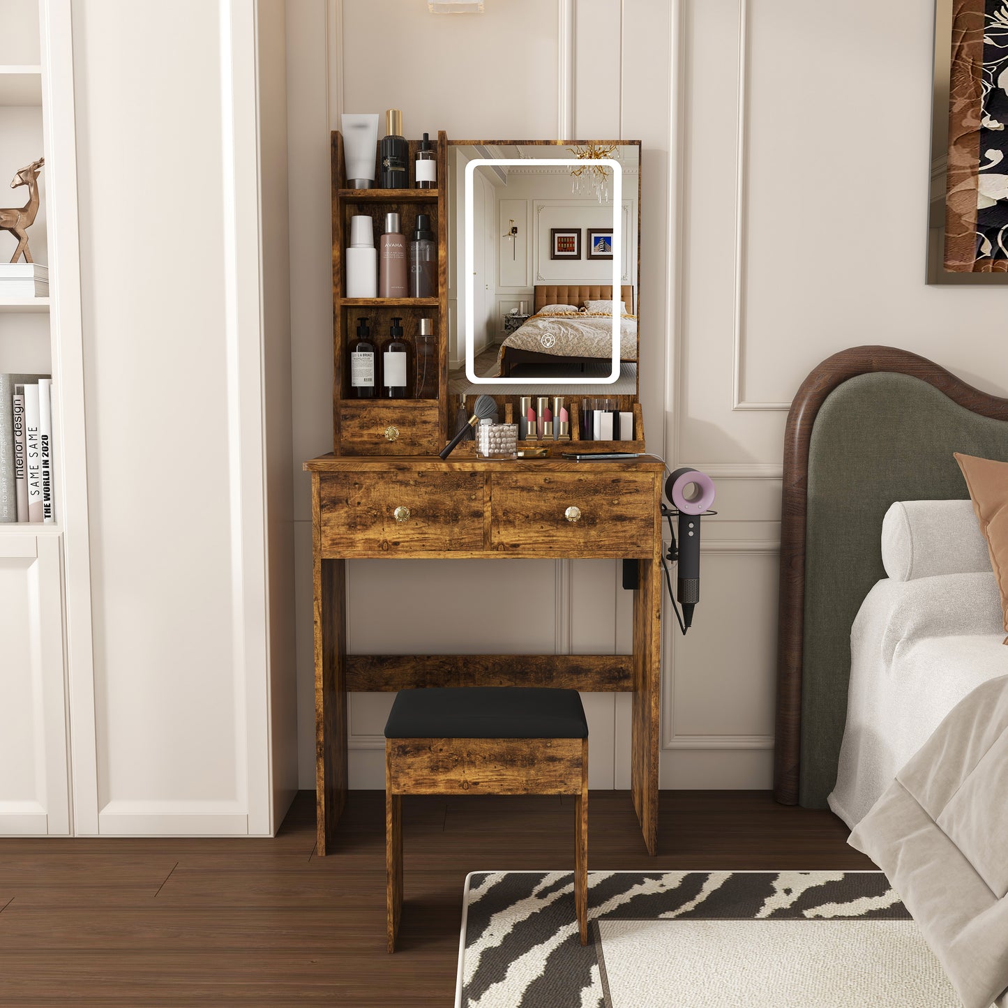 Modern small Vanity Desk,featuring 3 modes of LED lighting with adjustable brightness, 3 drawers and multiple open storage shelves, a hair dryer holder and power socket, and a dressing chair. brown image 1