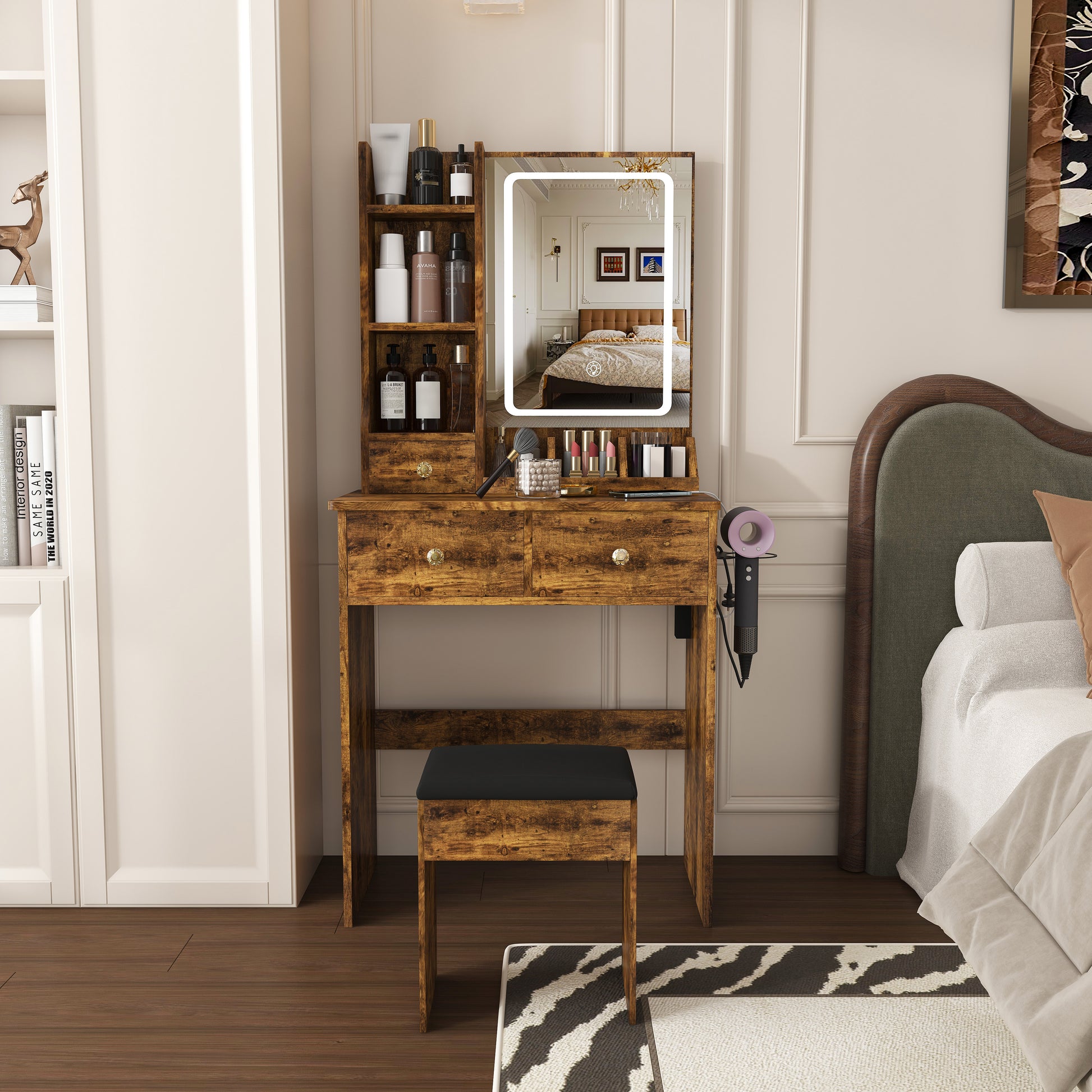 Modern small Vanity Desk,featuring 3 modes of LED lighting with adjustable brightness, 3 drawers and multiple open storage shelves, a hair dryer holder and power socket, and a dressing chair. brown image 1