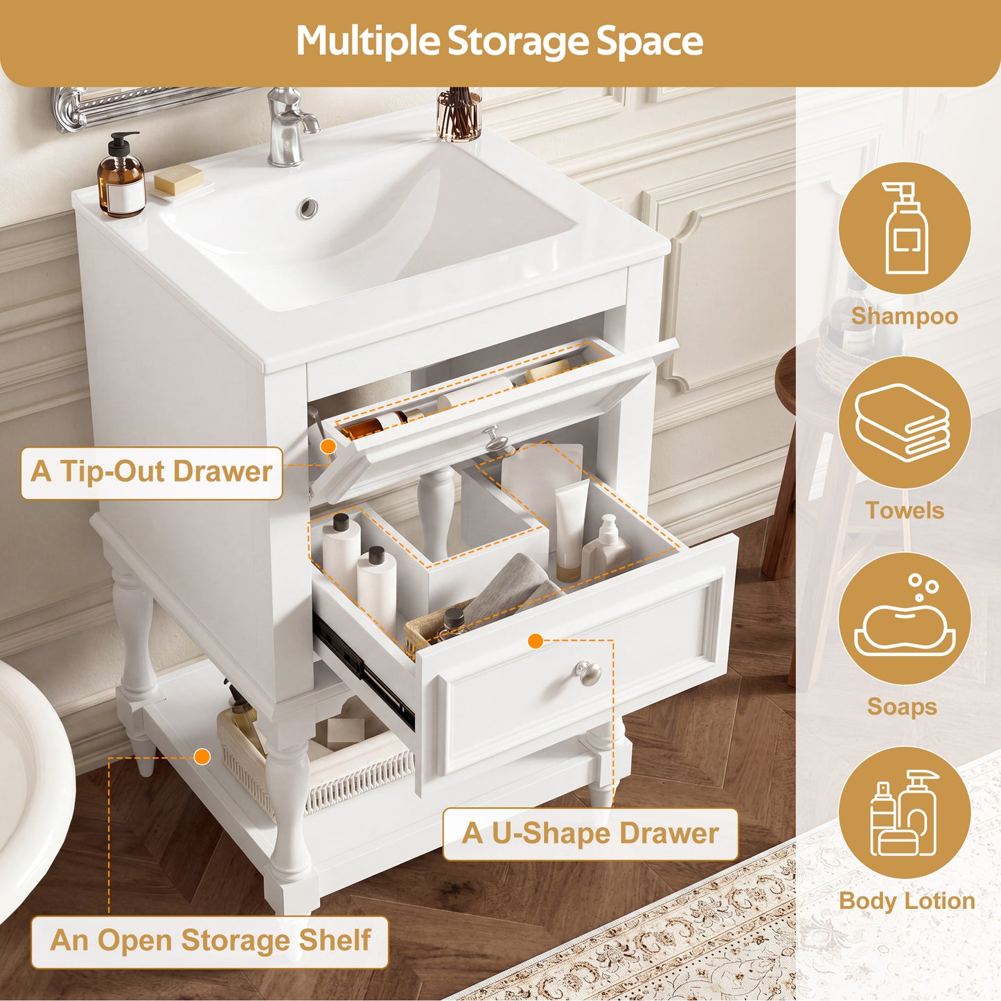 20'' Bathroom Vanity with Ceramic Sink, Bathroom Storage Cabinet with Open Shelf, Retro Design Bathroom Cabinet with 2 Drawers image 6