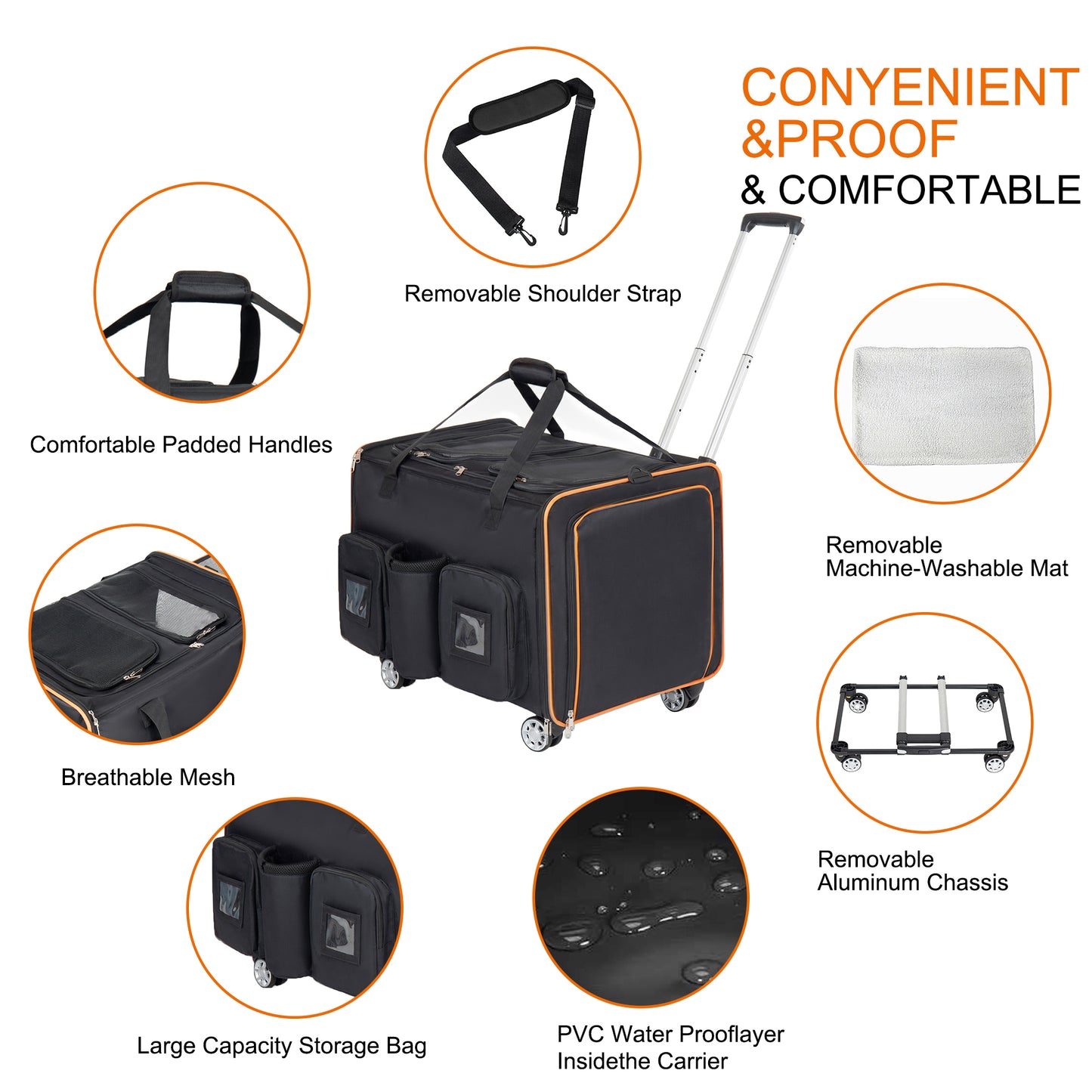 2 in 1 Large Cat Carrier for 2 Cats, Rolling Pet Carrier with Wheels, Expandable Foldable Double Pet Carrier with Removable Divider, Breathable Mesh Oxford, Cat Travel Crate for Car/Camping/Vet, Black image 5