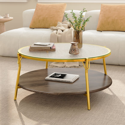 Modern Round Walnut 2-Tiered Coffee Table with Glass Top and Gold Base for Living Room, 29.9" image 3