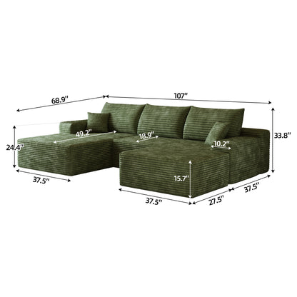107"Cloud Sectional Sofa with 1 Ottoman,Modern Minimalist Upholstered Couches,Comfort U Shaped Sofa for Living Room,Deep Seat Corner Couch,No Assembly Required (Plush Corduroy Fabric),Green image 8