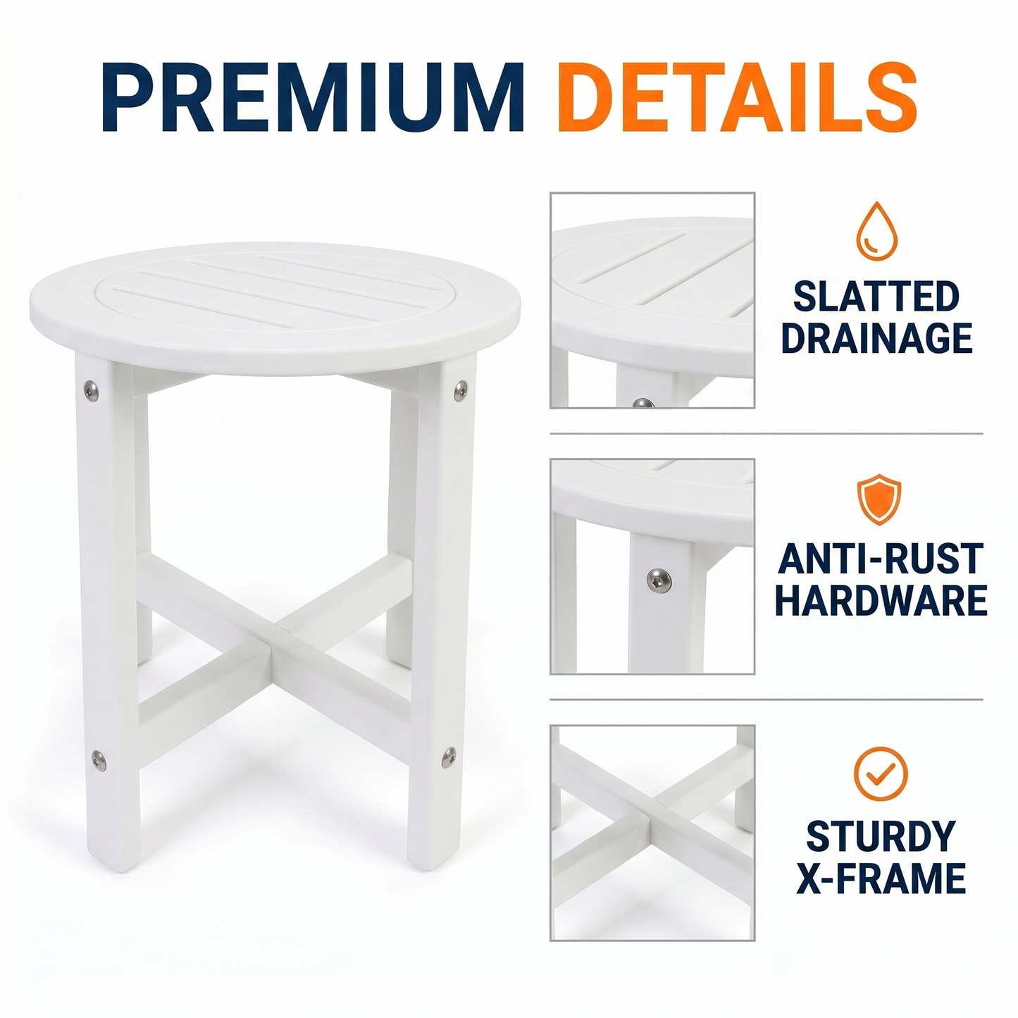White HDPE Round Outdoor Side Table, 18 in. Dia. x 17 in. H, Small Weather-Resistant Patio End Table image 2