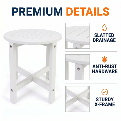 White HDPE Round Outdoor Side Table, 18 in. Dia. x 17 in. H, Small Weather-Resistant Patio End Table image 2