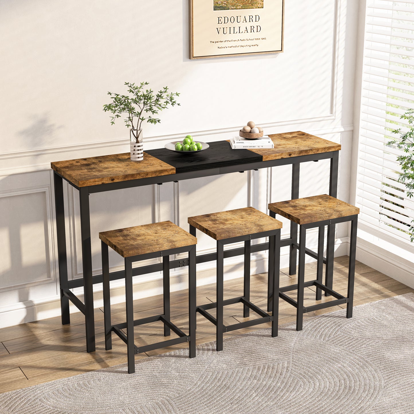 Modern Design Kitchen Dining Table, Pub Table, Long Dining Table Set with 3 Stools, Convenient Hanging Stool Design, Natural+Black,(Same SKU:W757P146463) image 3