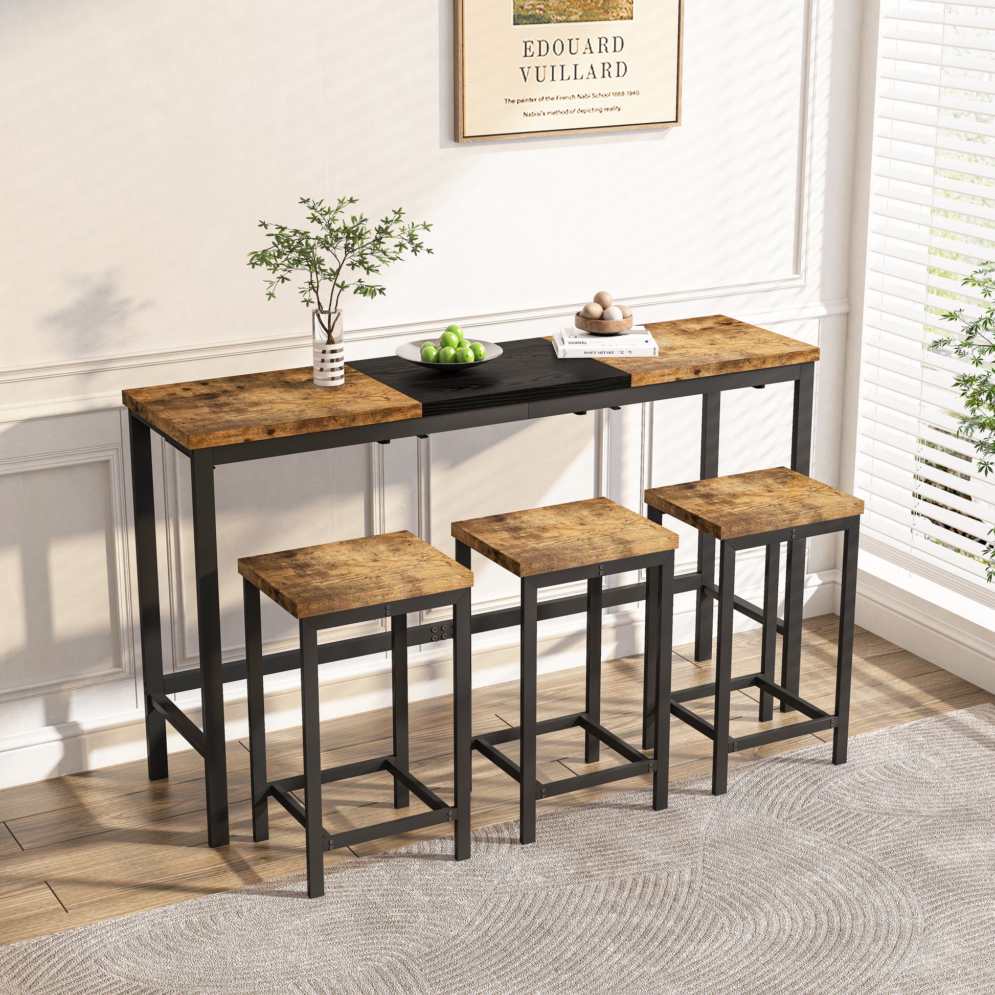 Modern Design Kitchen Dining Table, Pub Table, Long Dining Table Set with 3 Stools, Convenient Hanging Stool Design, Natural+Black,(Same SKU:W757P146463) image 3