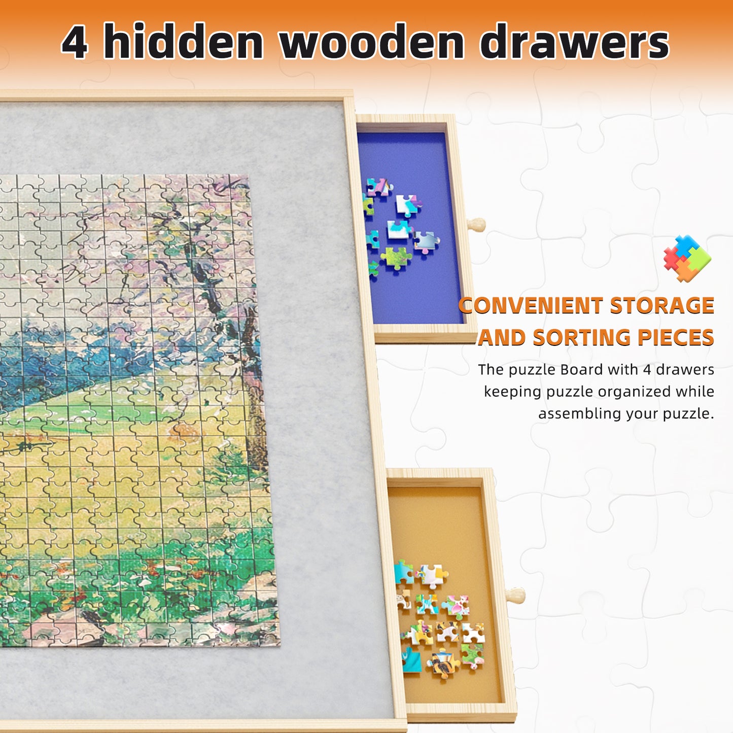 (WHITE) Wooden 1500 Piece Puzzle Table with Drawer, 35"*27.17" Adjustable Puzzle Table, 360° Tilting Puzzle Table with Legs and Wheels, Adjustable Height and Angle, with Protective Cover image 11