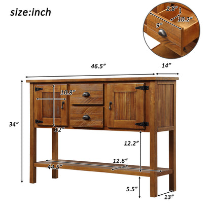 46'' Solid Wood Sideboard Console Table with 2 Drawers and Cabinets and Bottom Shelf, Retro Style Storage Dining Buffet Server Cabinet for Living Room Kitchen Dining Room(Brown) image 4