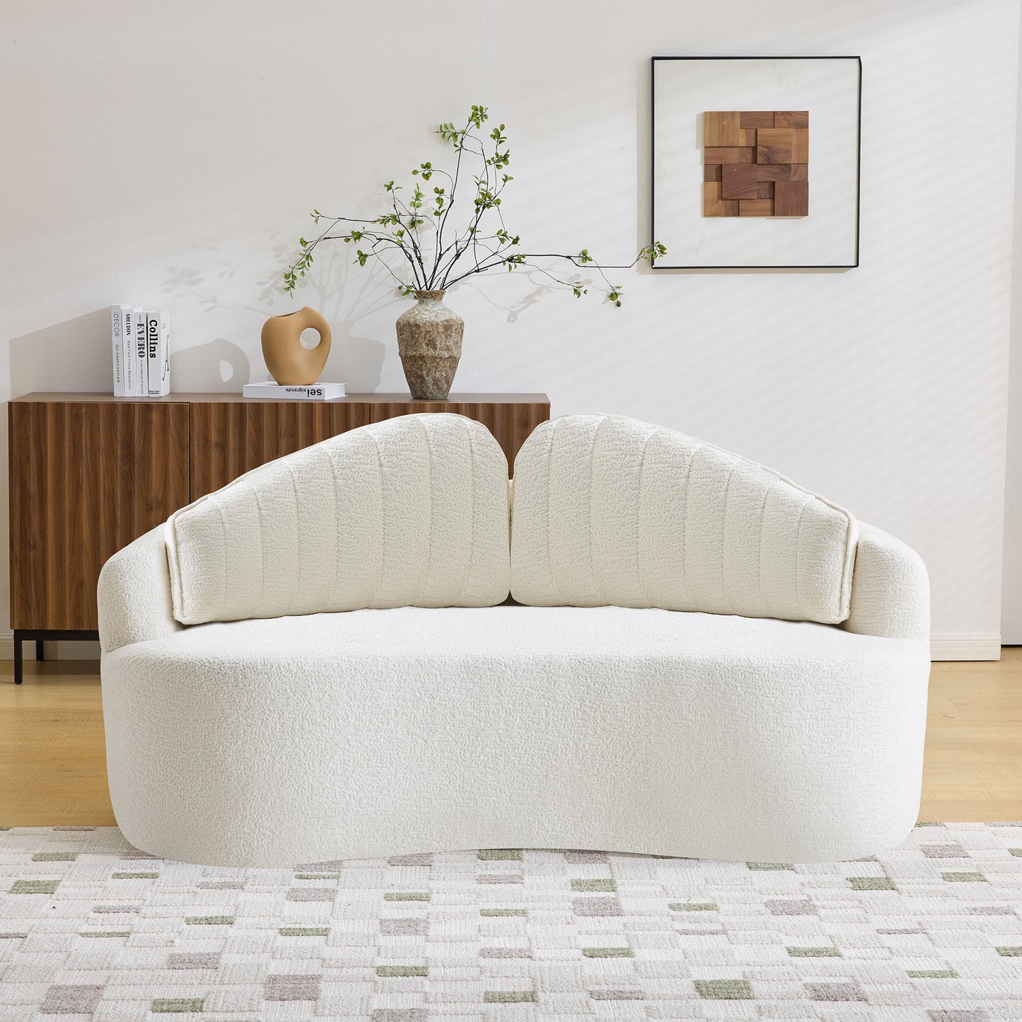 Curved two-seater fully compressed sofa, long-term sitting without collapse, removable backrest, white chenille fabric, simple, retro style, suitable for small spaces and apartments image 3