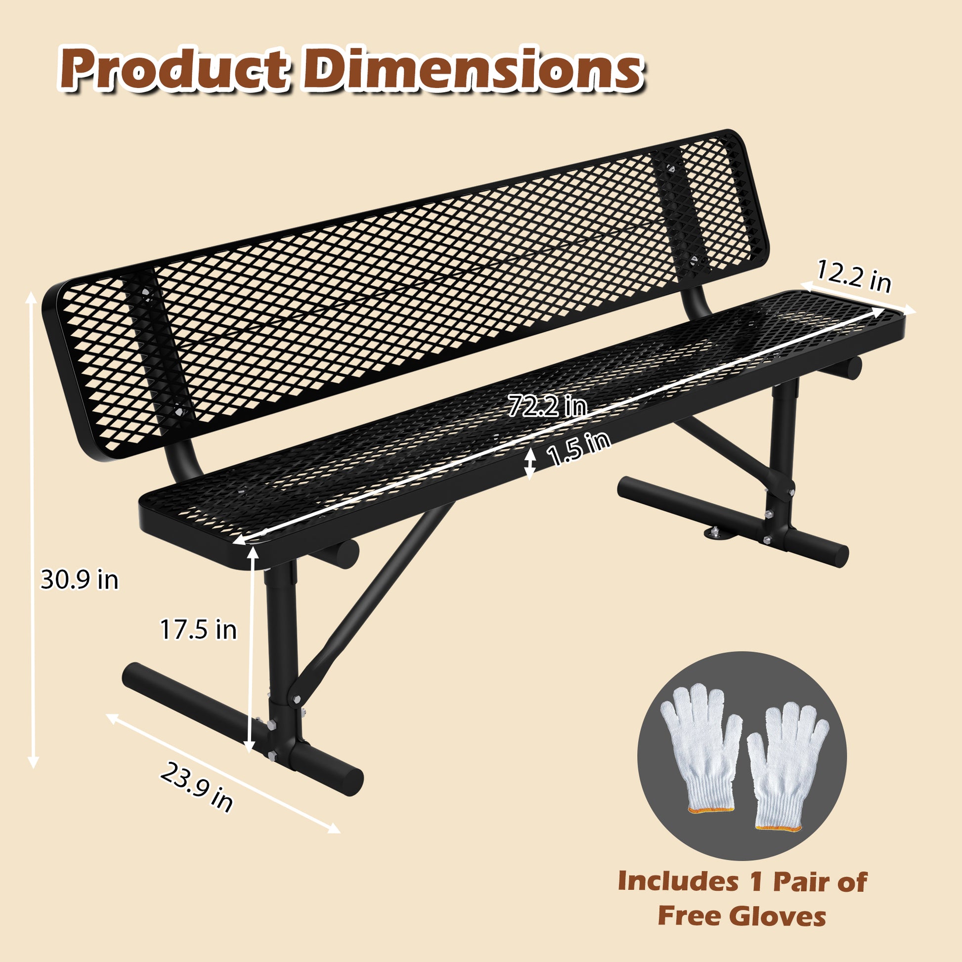 72" Heavy Duty Metal Picnic Bench for 3-4 Adults, Outdoor Dining Table with 882LBS Capacity, Galvanized Steel Rustproof Frame, Diamond Mesh Top – For Garden, Patio, Park, School, Commercial image 2