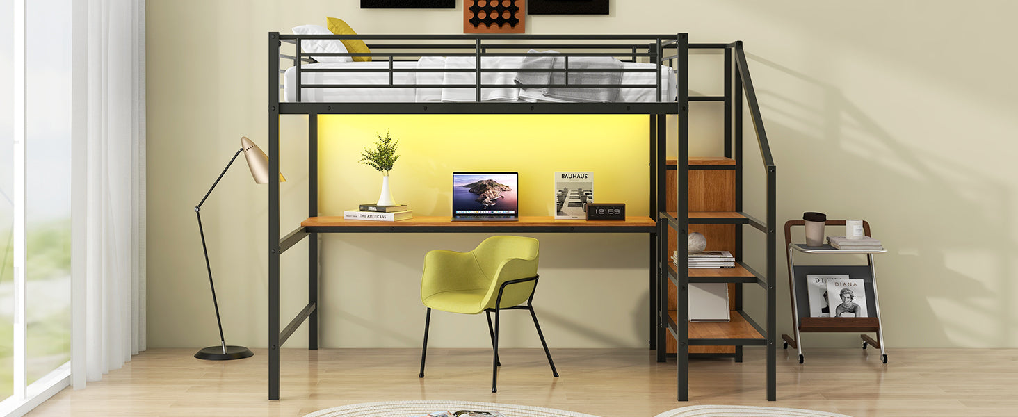 Full Size Metal Loft Bed with Desk, Storage Staircase, Small Wardrobe and LED Light,Black image 11