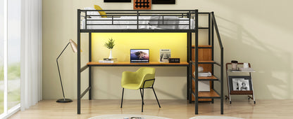 Full Size Metal Loft Bed with Desk, Storage Staircase, Small Wardrobe and LED Light,Black image 11