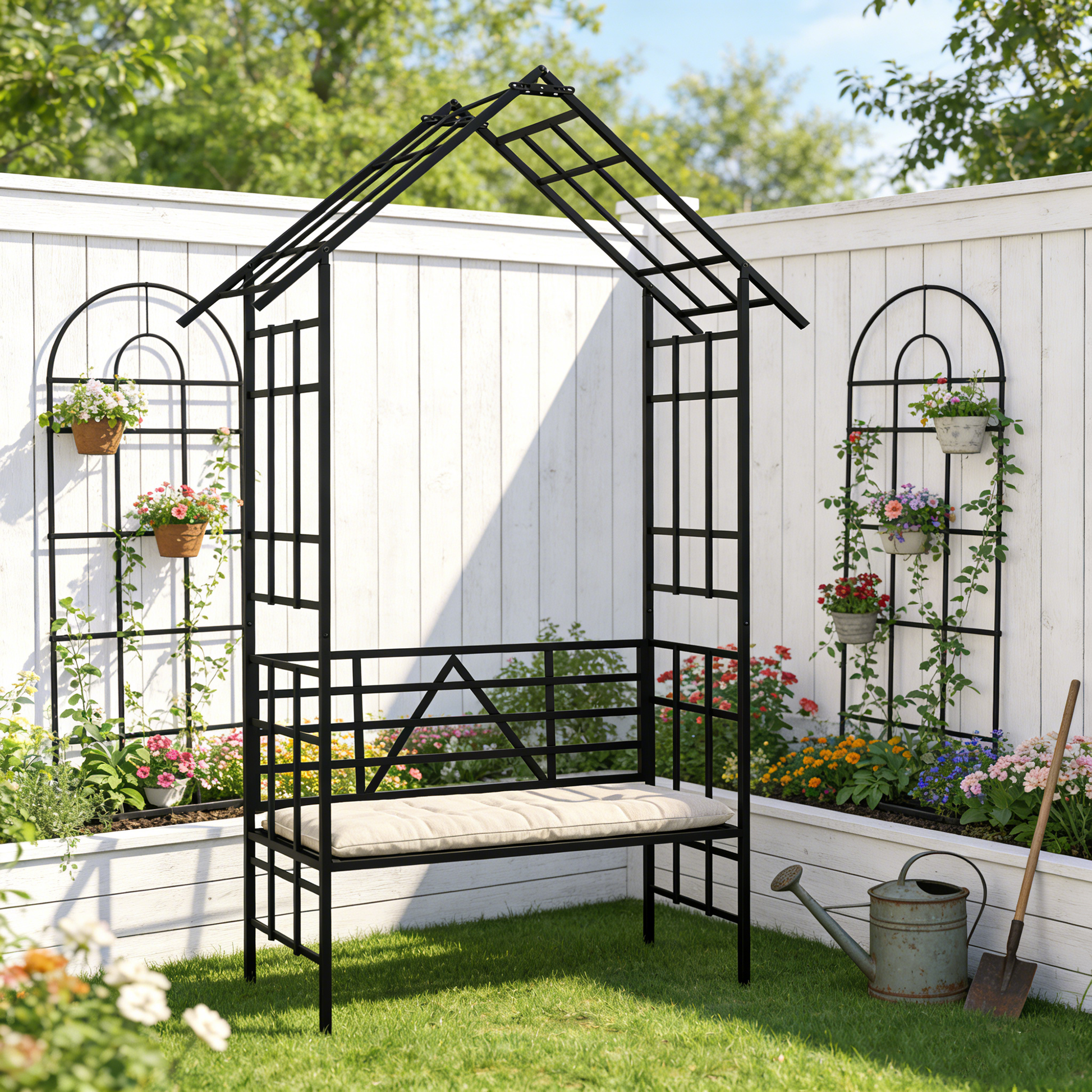 Metal Garden Arch with Bench Turned into Flower Stand W58.07*H97.24 Climbing Plants Support Rose Arch Outdoor Black image 8