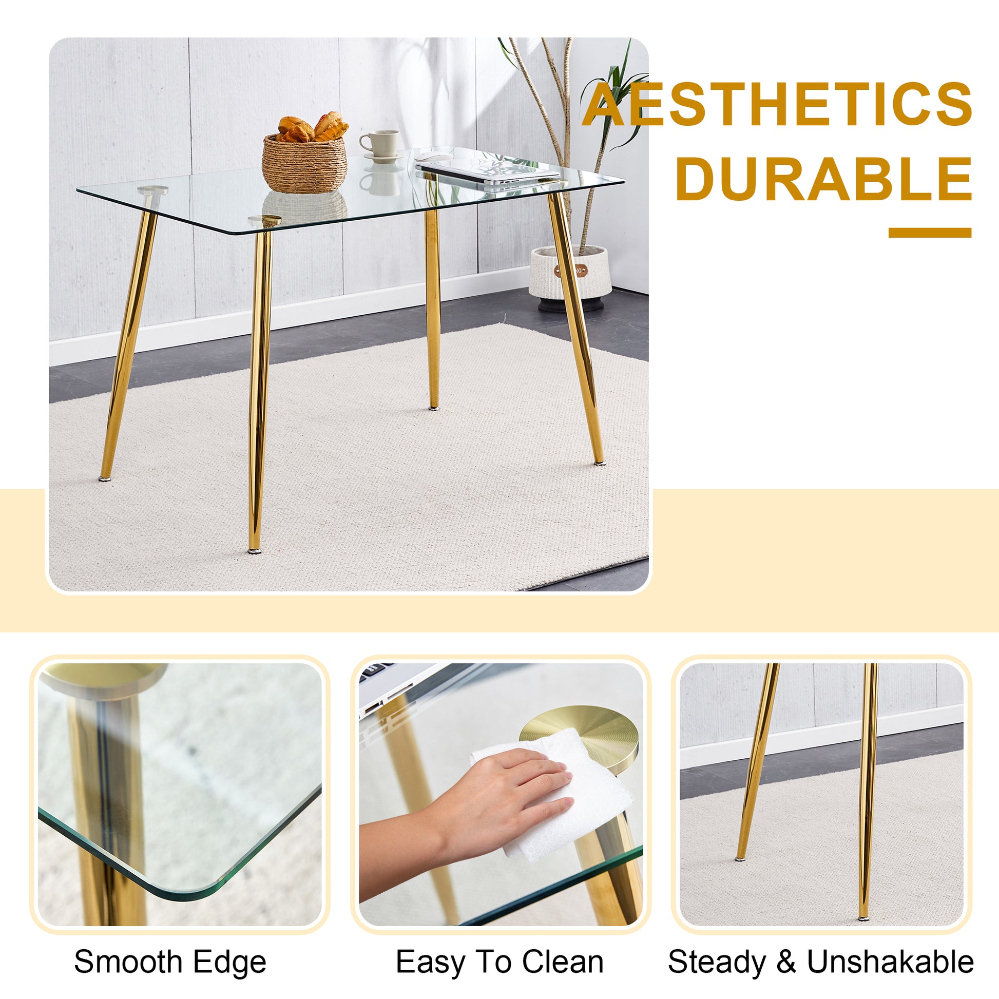 Modern Minimalist Rectangular Glass Dining Table for 4-6 with 0.31" Tempered Glass Tabletop and Golden plating Metal Legs, Writing Table Desk, 51" *31"*30".W1151S03746/W1151S03724 image 9