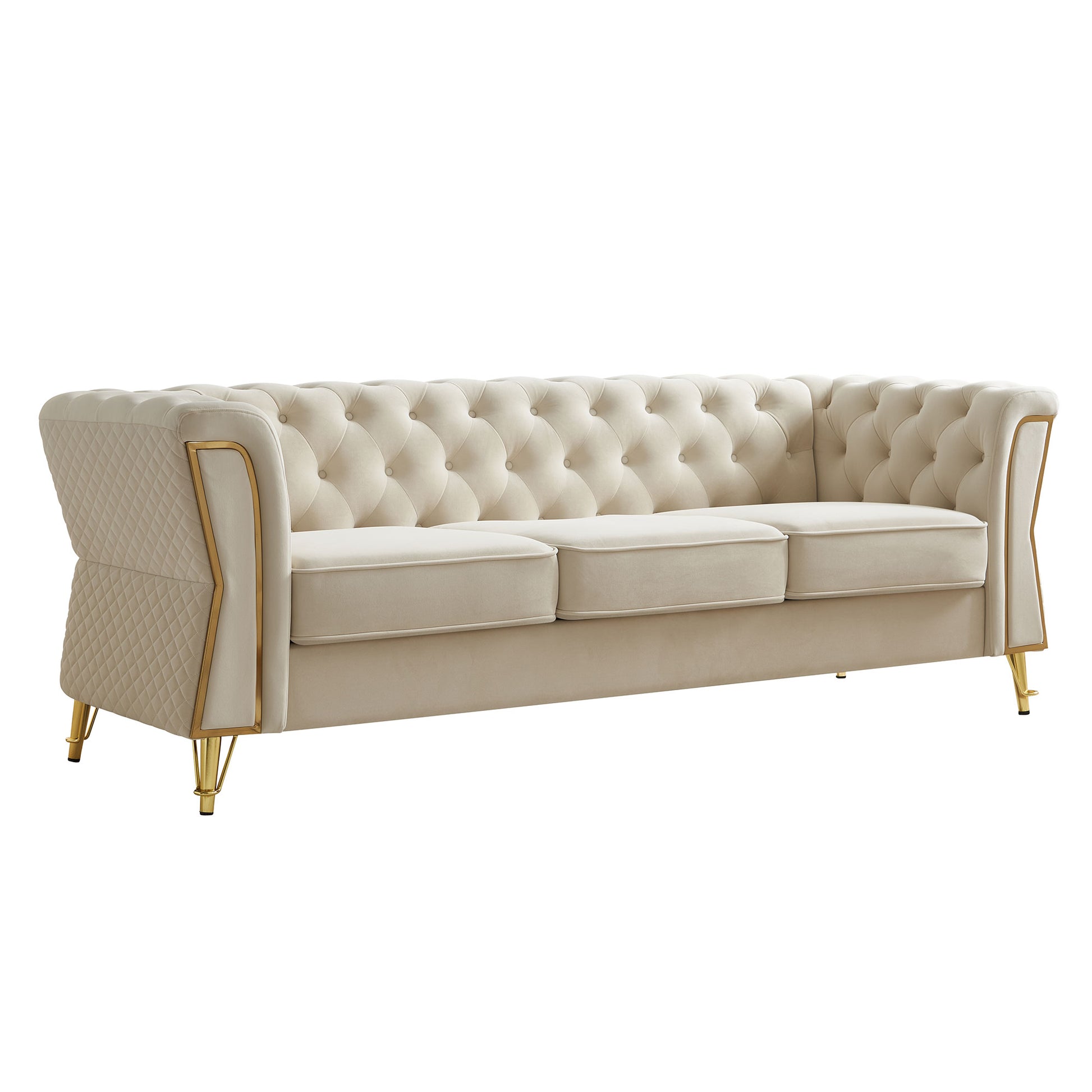 Modern Tufted Velvet Sofa 87.4 inch for Living Room Beige Color image 2
