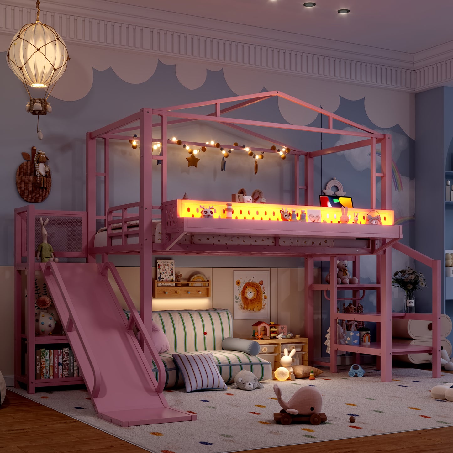 Twin Size Loft Bed with Storage Stairs, Shelves and Built-in Wardrobe, Metal Loft Bed Frame with USB Ports and LED Lights, Noise-reduced Design, Pink image 3