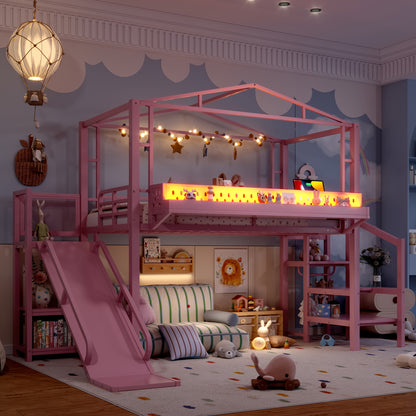 Twin Size Loft Bed with Storage Stairs, Shelves and Built-in Wardrobe, Metal Loft Bed Frame with USB Ports and LED Lights, Noise-reduced Design, Pink image 3