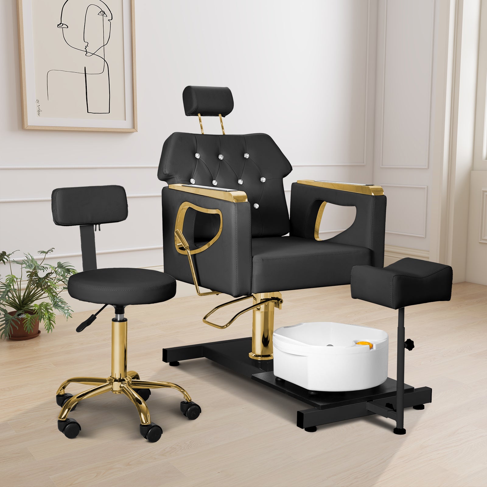 Pedicure Chair No Plumbing,Reclining Pedicure Station Unit with Adjustable Height and 360 Swivel,Hydraulic Foot Spa Chiar with Footrest and Massage Foot Bath, Gold image 1