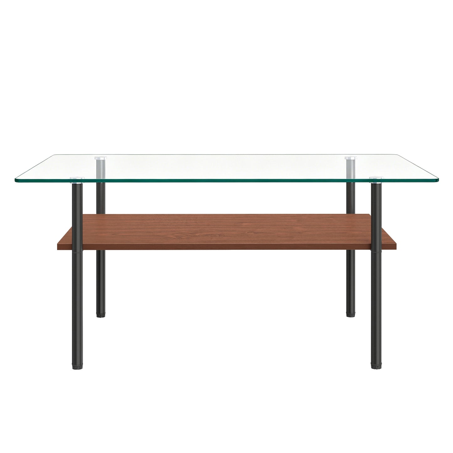 Modern glass coffee table for living room, rectangular tempered glass top, black metal legs with wooden shelf. Easy to clean, stylish center table 38.6 × 22.8 × 17.7 inches image 9