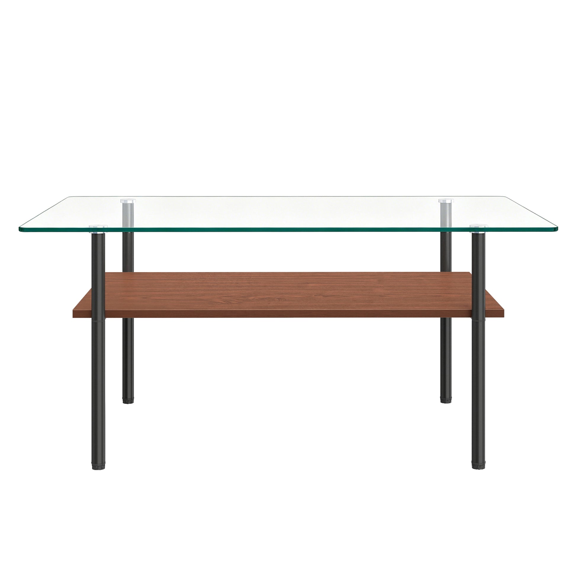 Modern glass coffee table for living room, rectangular tempered glass top, black metal legs with wooden shelf. Easy to clean, stylish center table 38.6 × 22.8 × 17.7 inches image 9
