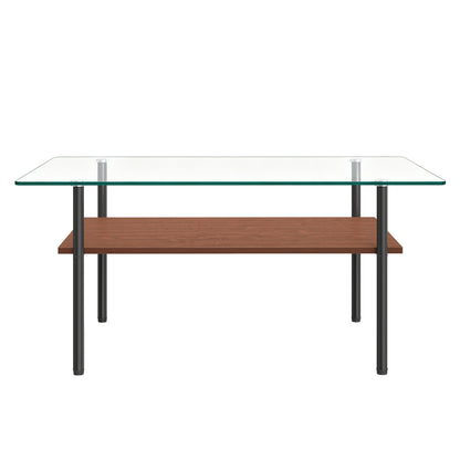Modern glass coffee table for living room, rectangular tempered glass top, black metal legs with wooden shelf. Easy to clean, stylish center table 38.6 × 22.8 × 17.7 inches image 9