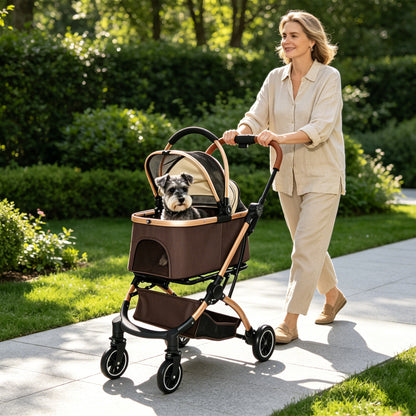Pet Stroller for Dogs and Cats, 2-in-1 Detachable Foldable 4 Wheels Pet Stroller, Quick One-Hand Fold, Storage Basket, Detachable Carry Basket with Sun Canopy(Khaki++Gold) image 4