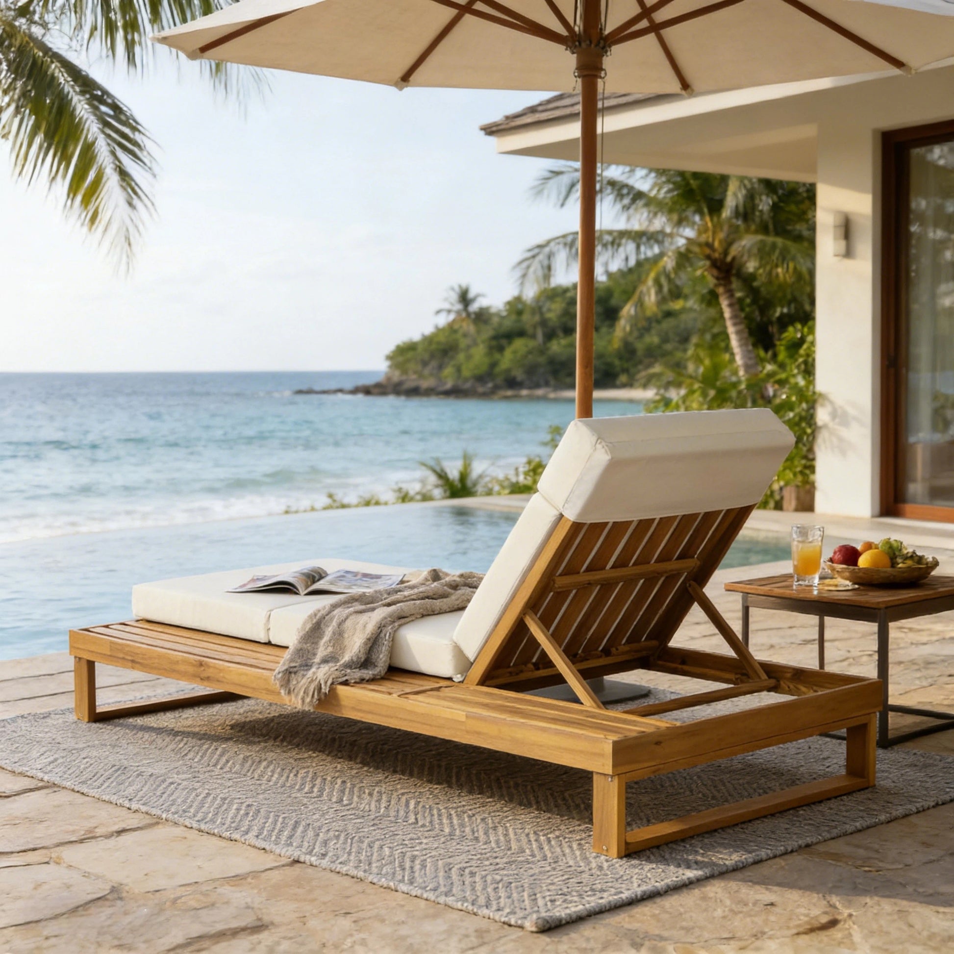 Teak Finish Acacia Wood Chaise Lounge with 4-Inch Beige 4-Fold Cushion Set, Adjustable Outdoor Patio Lounger with Flat Side Surface, for Poolside- Matching cream,dark gray version available image 6
