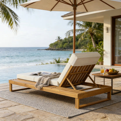 Teak Finish Acacia Wood Chaise Lounge with 4-Inch Beige 4-Fold Cushion Set, Adjustable Outdoor Patio Lounger with Flat Side Surface, for Poolside- Matching cream,dark gray version available image 6