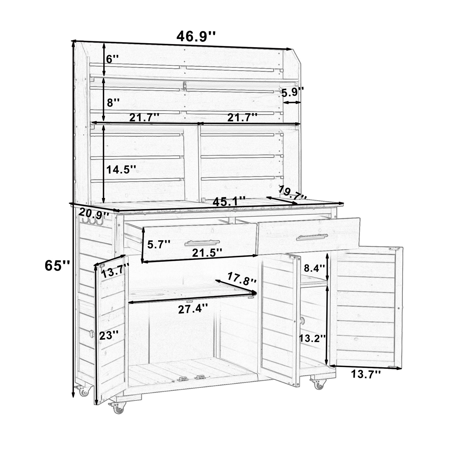 Assembly Video-TOPMAX 65''H Large Garden Potting Bench with Lockable Wheel and Storage Cabinet, Wood Outdoor Kitchen Island Prep Cart with Hutch Top, Drawers and Removal Shelves for Grilling, Natural image 9