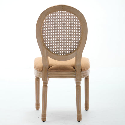 A&A Furniture,French Style Solid Wood Frame Antique Painting Linen Fabric Rattan Back Dining Chair,Set of 2,Tan image 7