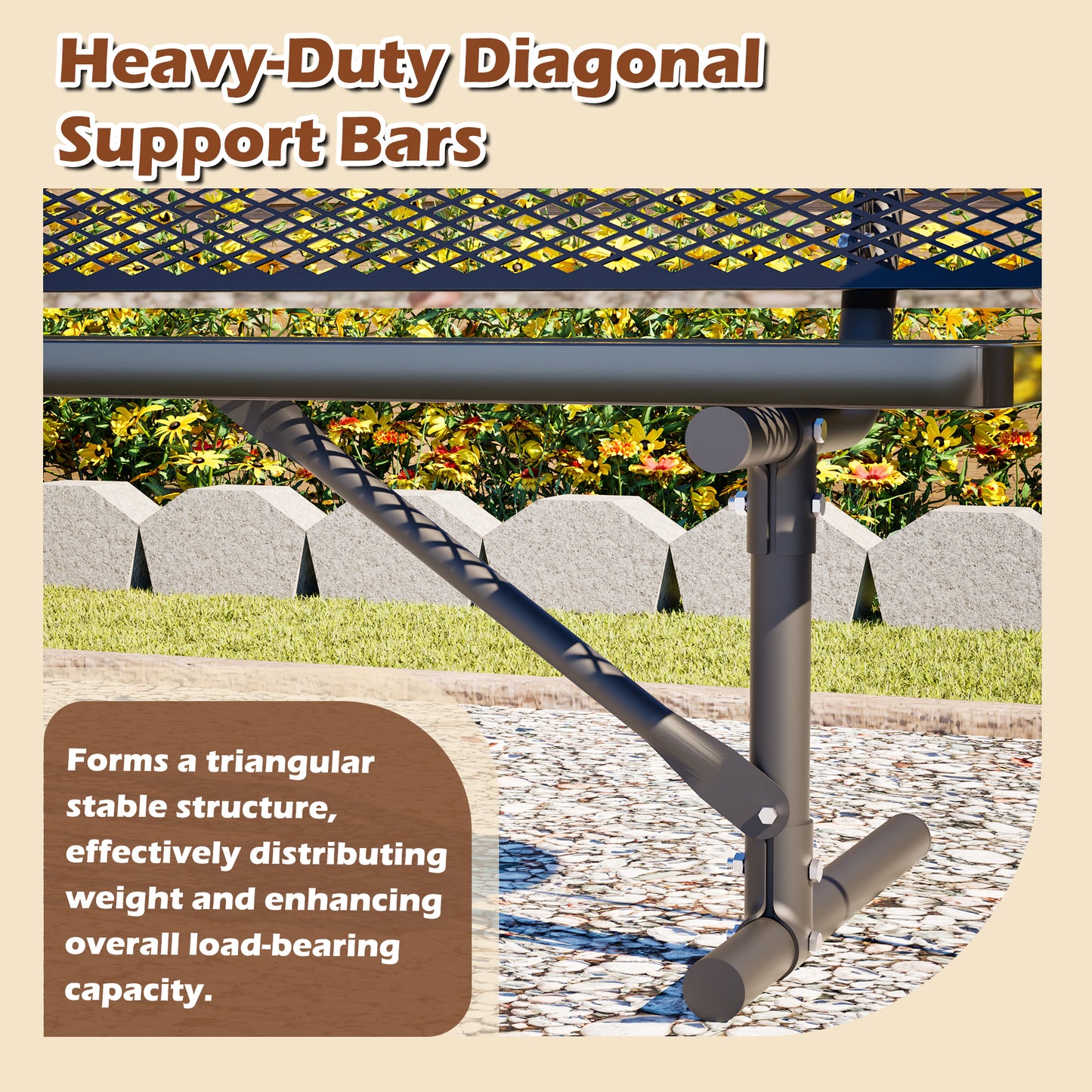 72" Heavy Duty Metal Picnic Bench for 3-4 Adults, Outdoor Dining Table with 882LBS Capacity, Galvanized Steel Rustproof Frame, Diamond Mesh Top – For Garden, Patio, Park, School, Commercial image 5
