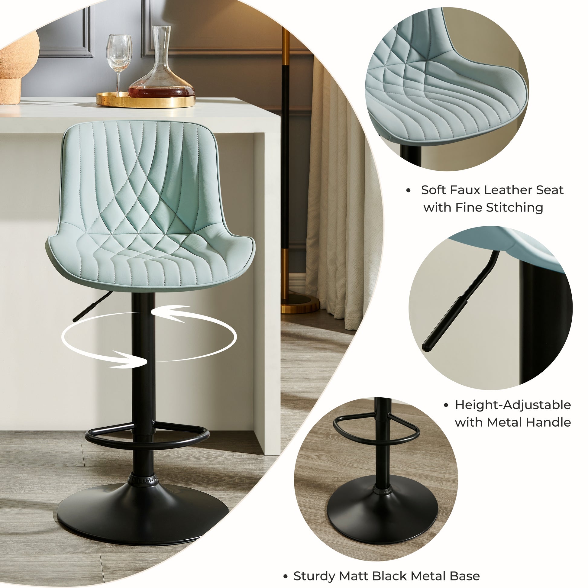 Kovyn Contemporary Adjustable Barstool with Faux Leather Swivel Seats, Set of 2, Blue image 10