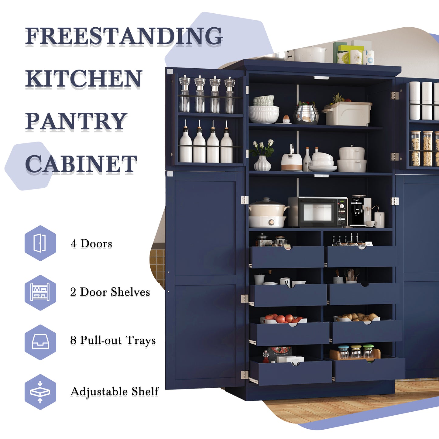 [Assembly Video Provided] TOPMAX 35.5x17.6x70.9inch Freestanding Kitchen Pantry Cabinet, Tall Storage Cabinet with 4 Doors, 2 Door Shelves, 8 Pull-out Trays and Adjustable Shelf for Dining Room, Blue image 7