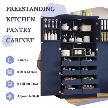 [Assembly Video Provided] TOPMAX 35.5x17.6x70.9inch Freestanding Kitchen Pantry Cabinet, Tall Storage Cabinet with 4 Doors, 2 Door Shelves, 8 Pull-out Trays and Adjustable Shelf for Dining Room, Blue image 7