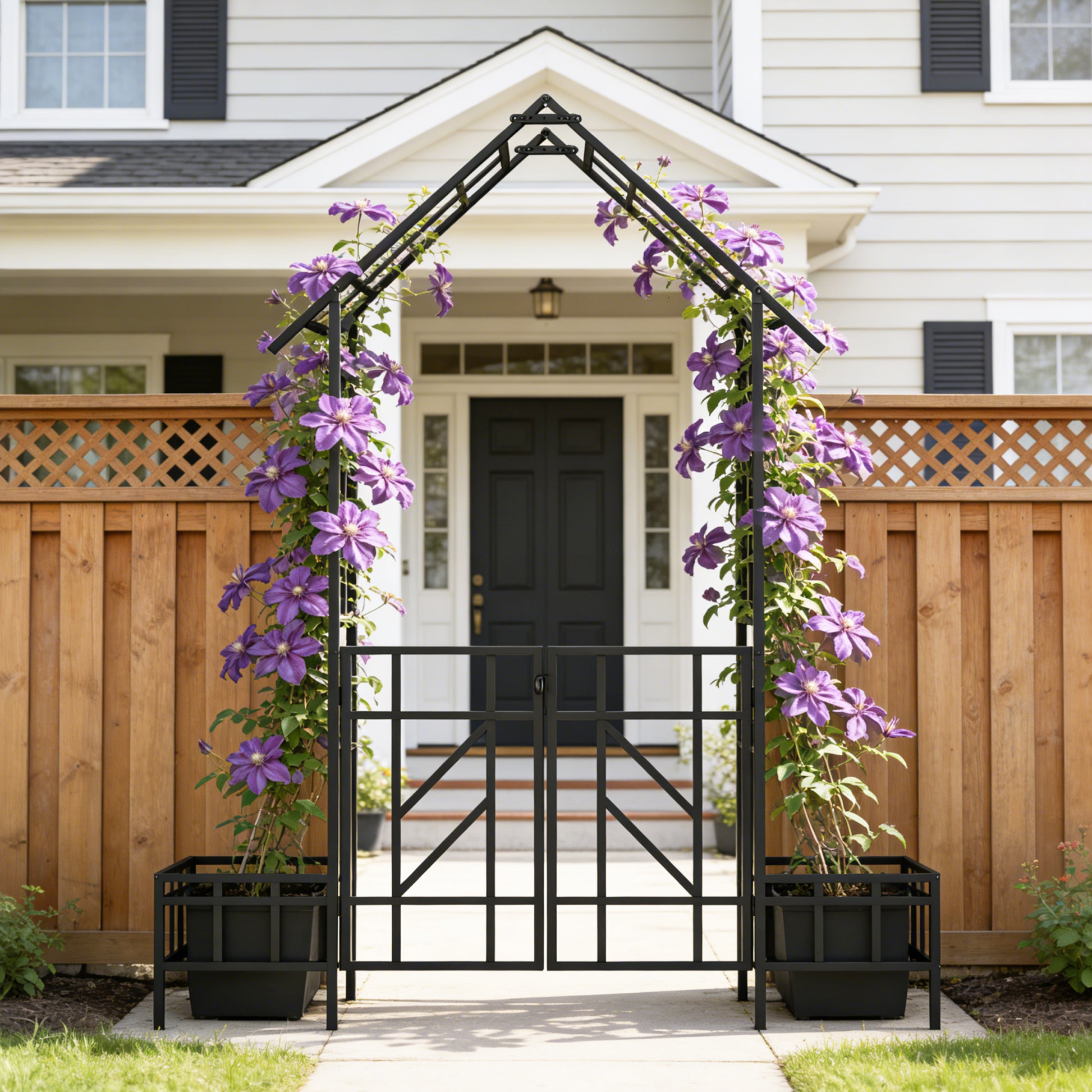 Metal Garden Arch with Gate with planter W80.71*H97.24 Climbing Plants Support Rose Arch Outdoor Black image 4