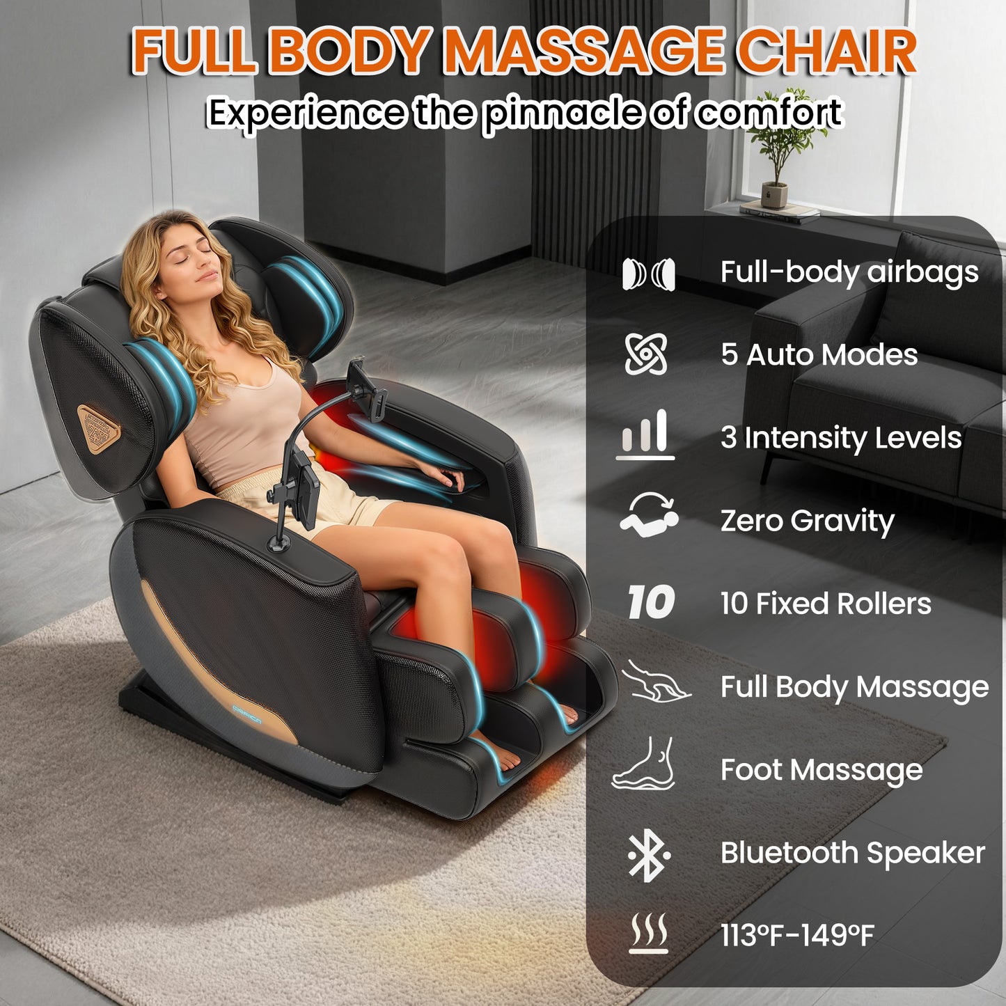 Massage Chair Full Body and Recliner, Zero Gravity Massage Chairs, 8 Fix Rollers, Airbags, Heating, Foot Massage, Auto Modes, Bluetooth Speaker and Touch Control Screen for Home and Office image 5