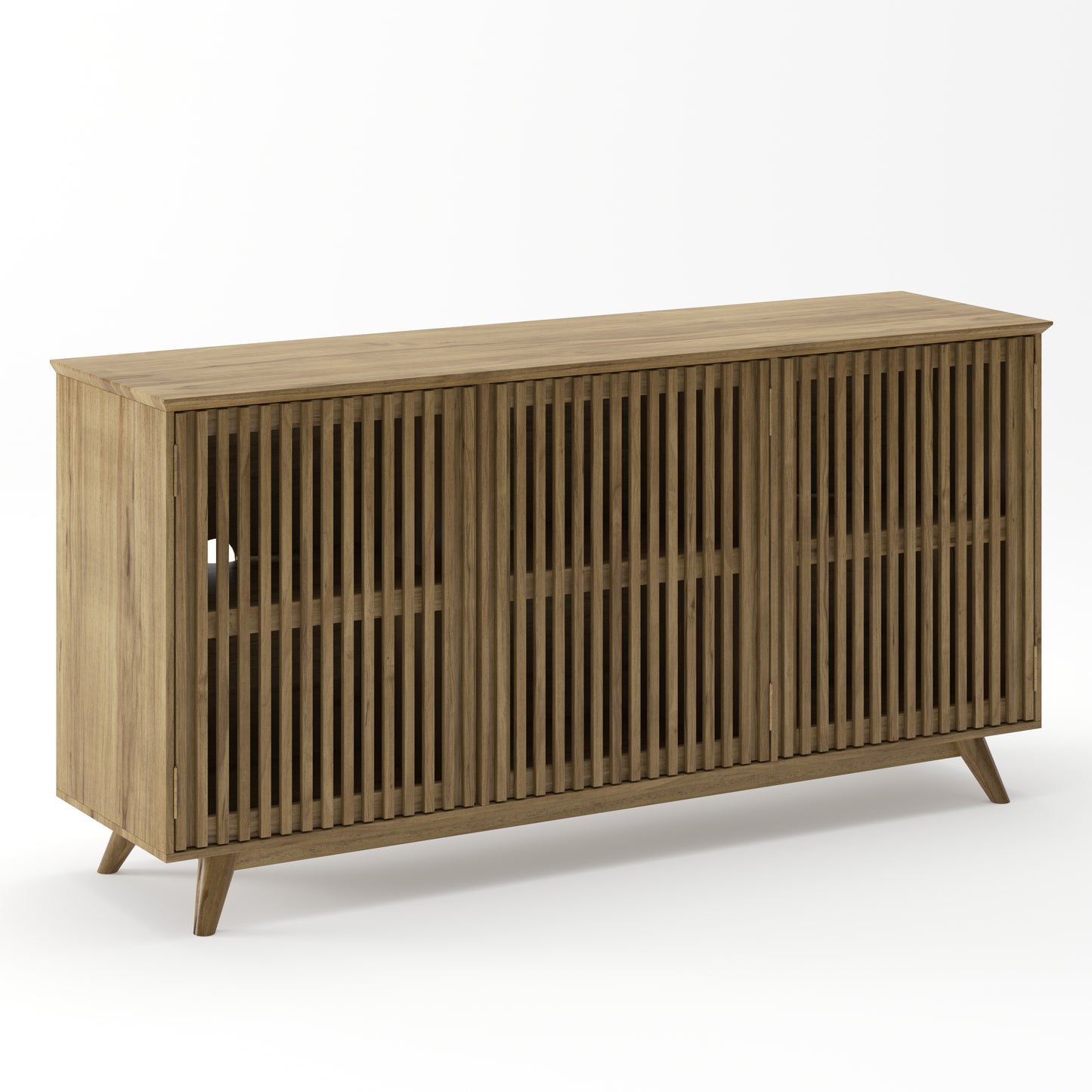 58.86" Solid Knot-Free Pine Wood TV Stand, Mid-Century Modern Storage Cabinet with No Handle Doors and Adjustable Shelf, Entertainment Center for Living Room, Bedroom, Kitchen, Natural image 9