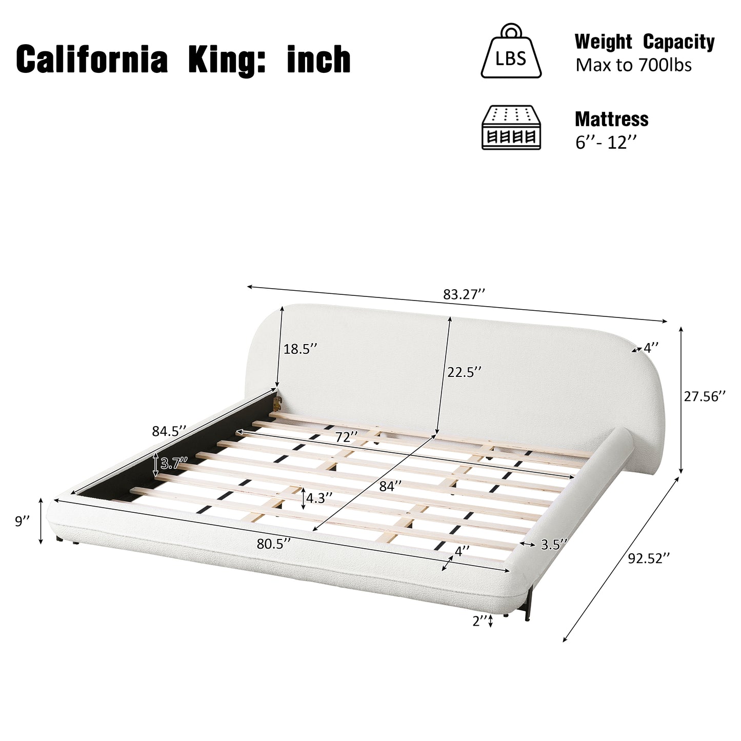 California King Size Bed Frame with Boucle Fabric, Upholstered Platform Bed with Curve-Shaped Design & Thick Headboard, White image 3