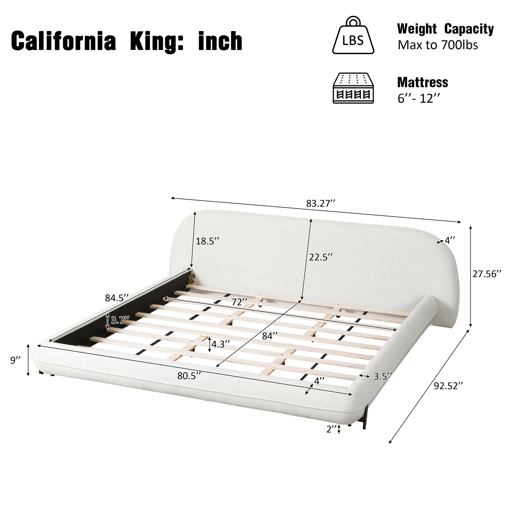 California King Size Bed Frame with Boucle Fabric, Upholstered Platform Bed with Curve-Shaped Design & Thick Headboard, White image 3