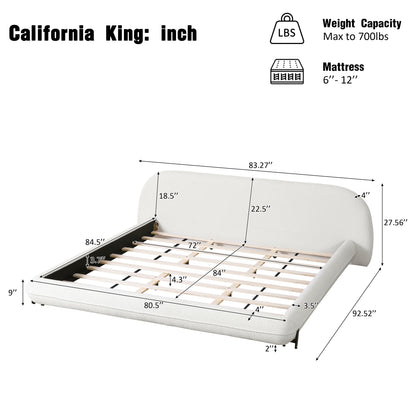 California King Size Bed Frame with Boucle Fabric, Upholstered Platform Bed with Curve-Shaped Design & Thick Headboard, White image 3