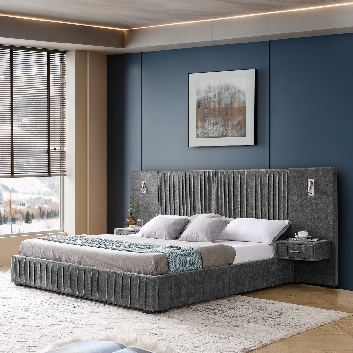 King Size Upholstered Bed Frame with Chenille fabric with pleated design,Grounded King Size Platform Bed with Headboard and Solid Frame and the bedside table.No Box Spring Needed-DARK GREY image 4