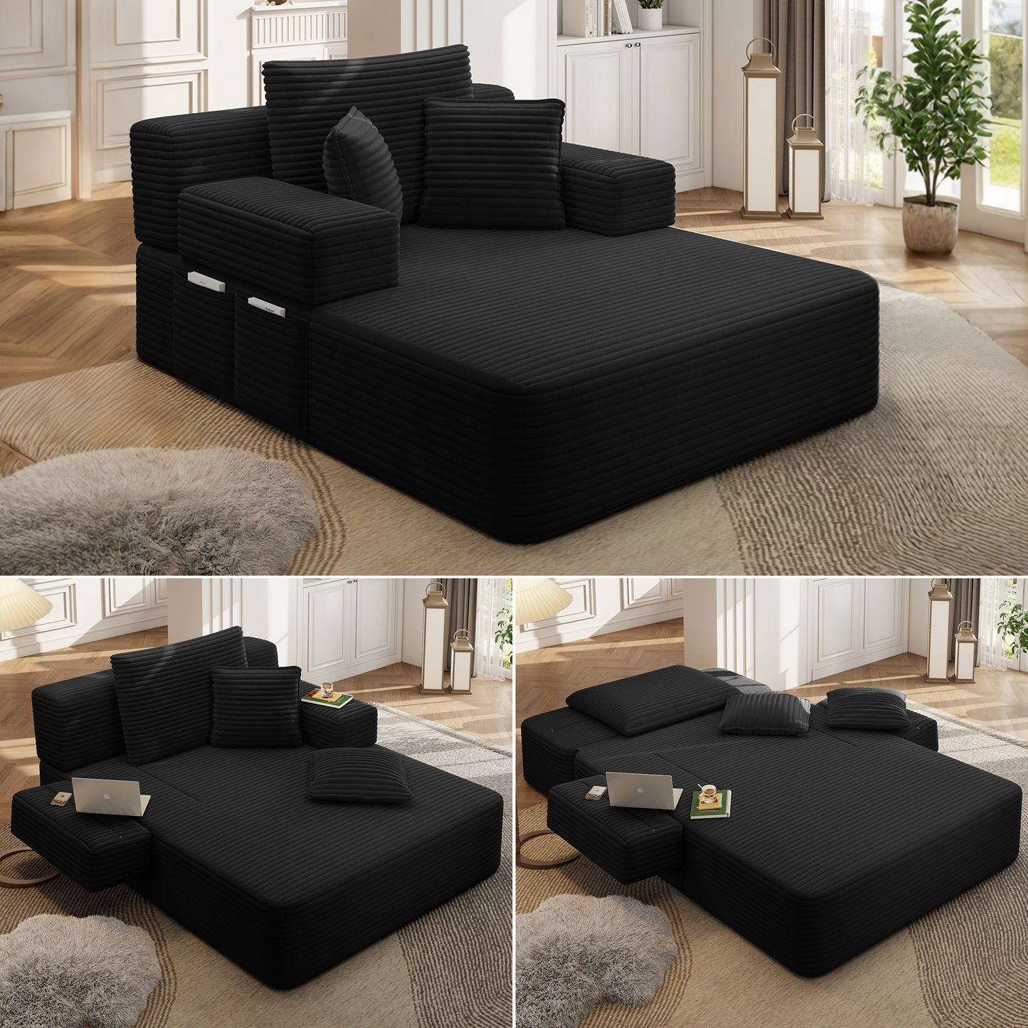 Luxurious Plush Corduroy Chaise Lounge with 3 Pillows, Convertible Sofa Bed with Storage Pocket, Frameless Design & Compression Foam for Small Spaces, Living Room, Apartment,Black image 1