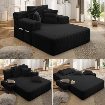 Luxurious Plush Corduroy Chaise Lounge with 3 Pillows, Convertible Sofa Bed with Storage Pocket, Frameless Design & Compression Foam for Small Spaces, Living Room, Apartment,Black image 1