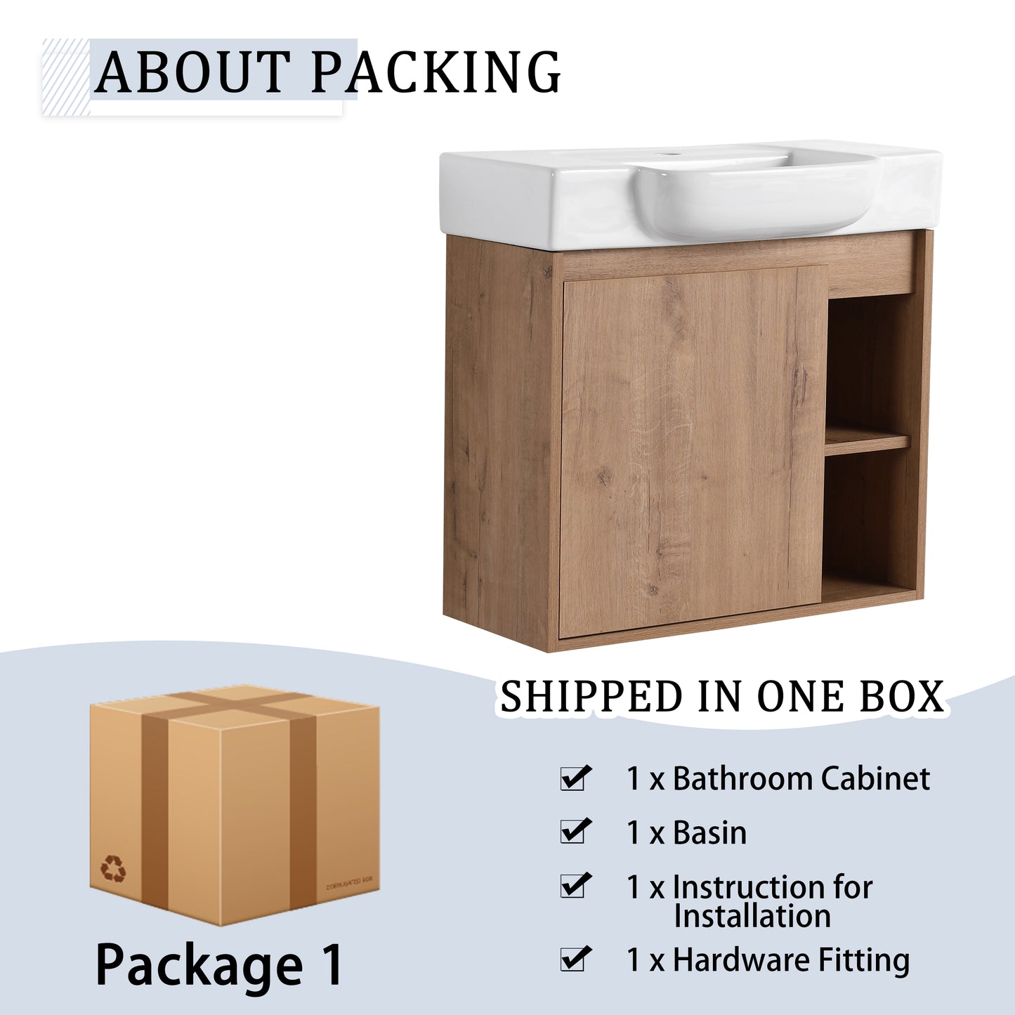 24'' Wall-Mounted Bathroom Vanity with White Ceramic Sink & Soft-Close Door, KD-Packing image 10