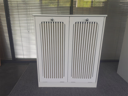Flip-top louvered laundry basket cabinet, household double-section fabric laundry storage cabinet, balcony and bathroom floor-standing storage cabinet, white. image 3